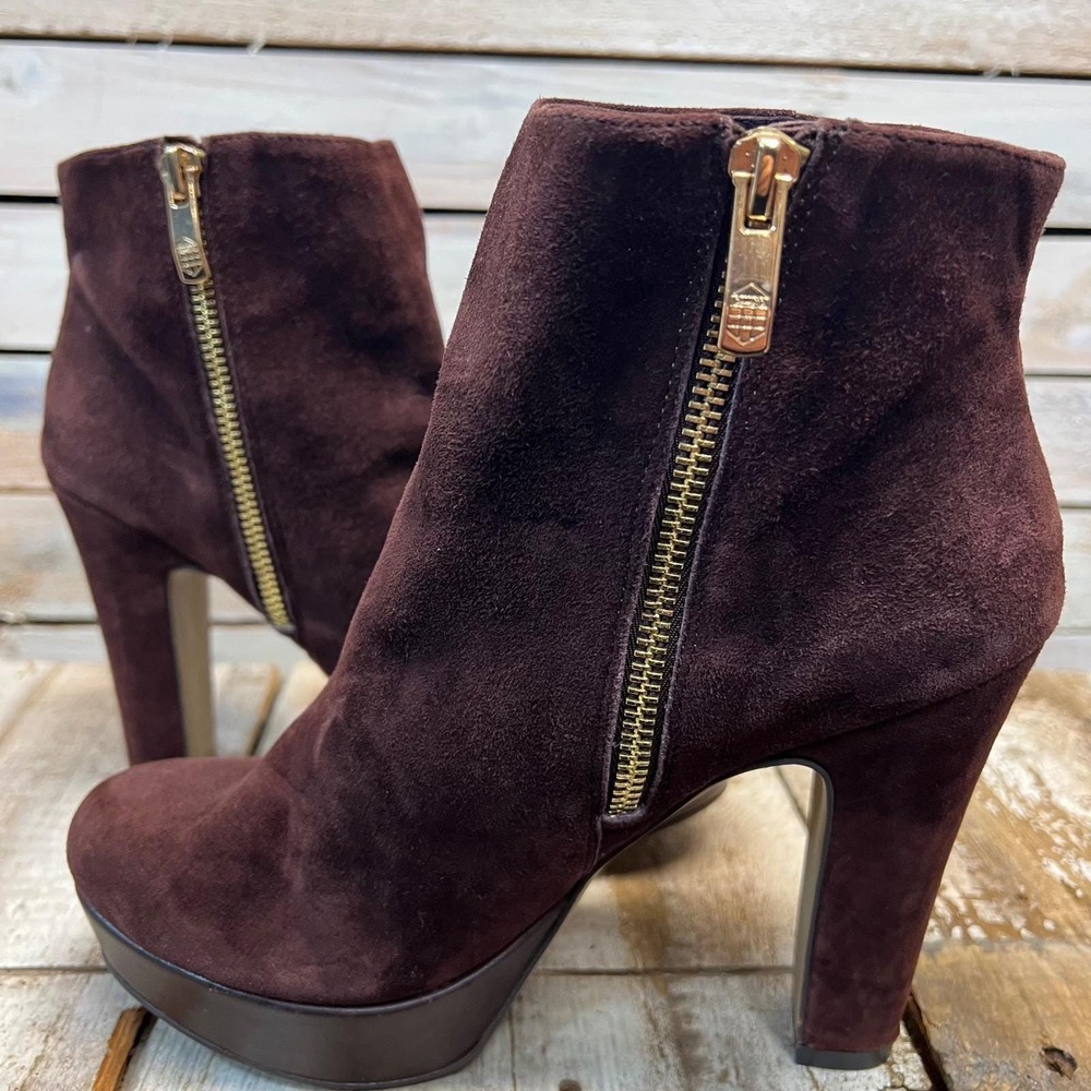 Vince Camuto Brown Suede Platform Ankle Boots Gold Zip Block Heel 6.5B - Picture 4 of 9